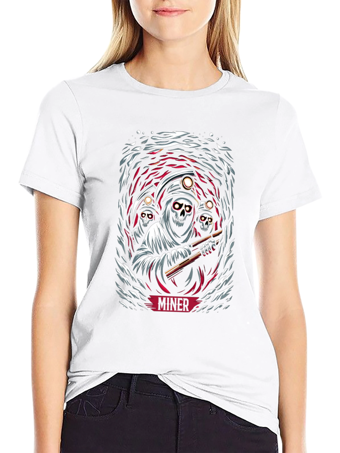 Miner Grim Reaper Graphic Print Black T-Shirt