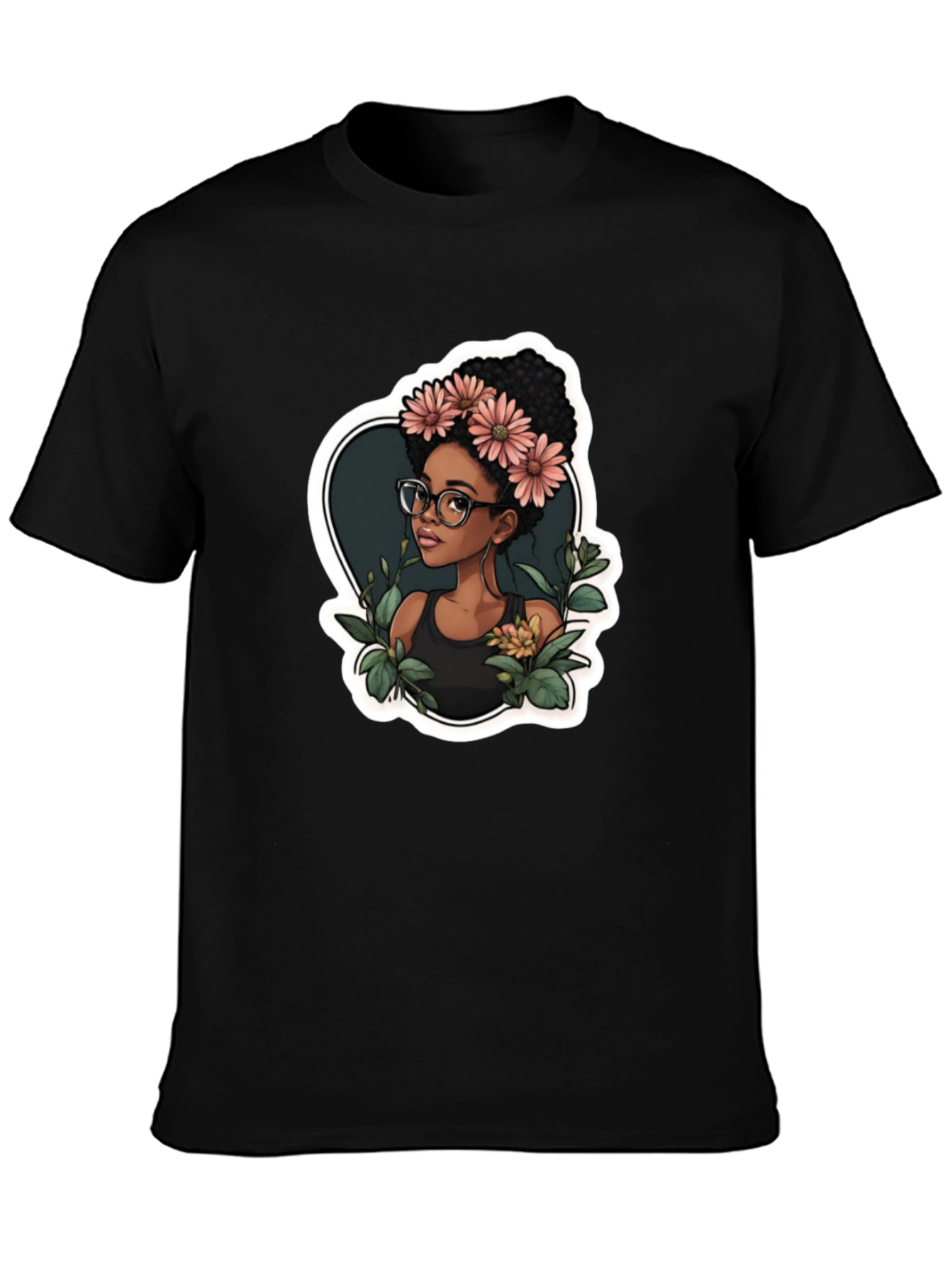 Stylish Black T-Shirt - Woman with Flowers Design
