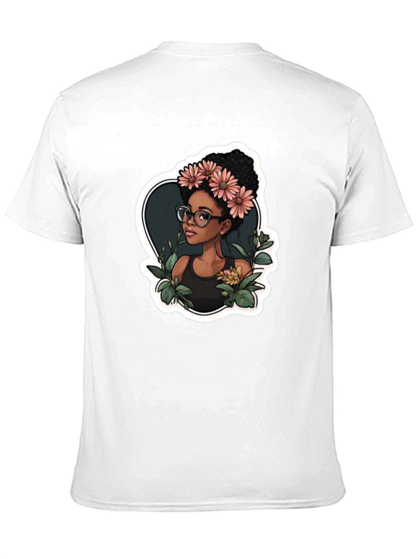 Stylish Black T-Shirt - Woman with Flowers Design