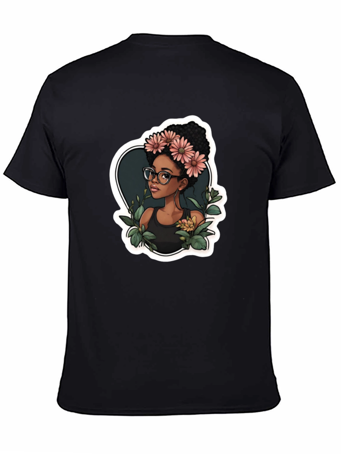 Stylish Black T-Shirt - Woman with Flowers Design