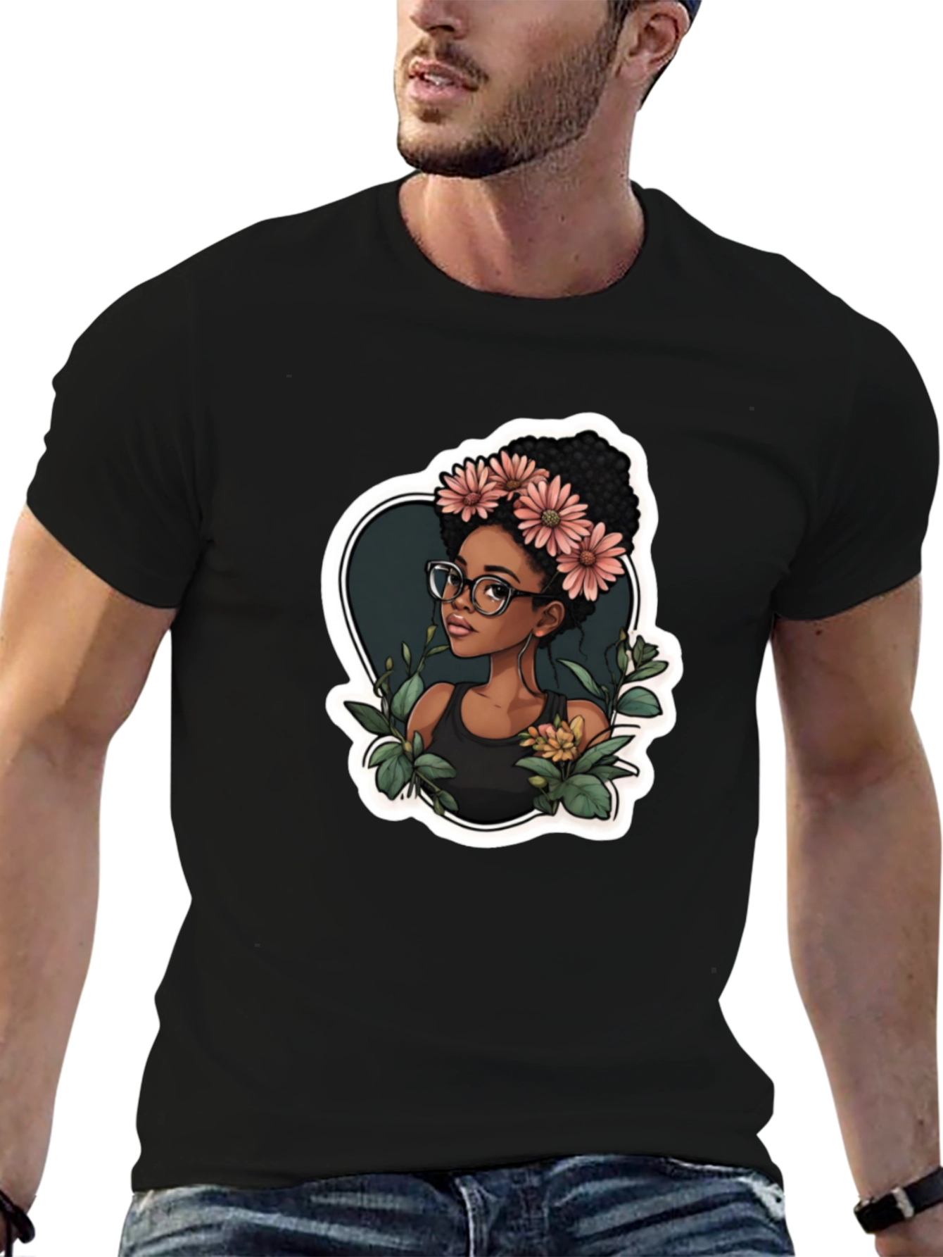 Stylish Black T-Shirt - Woman with Flowers Design