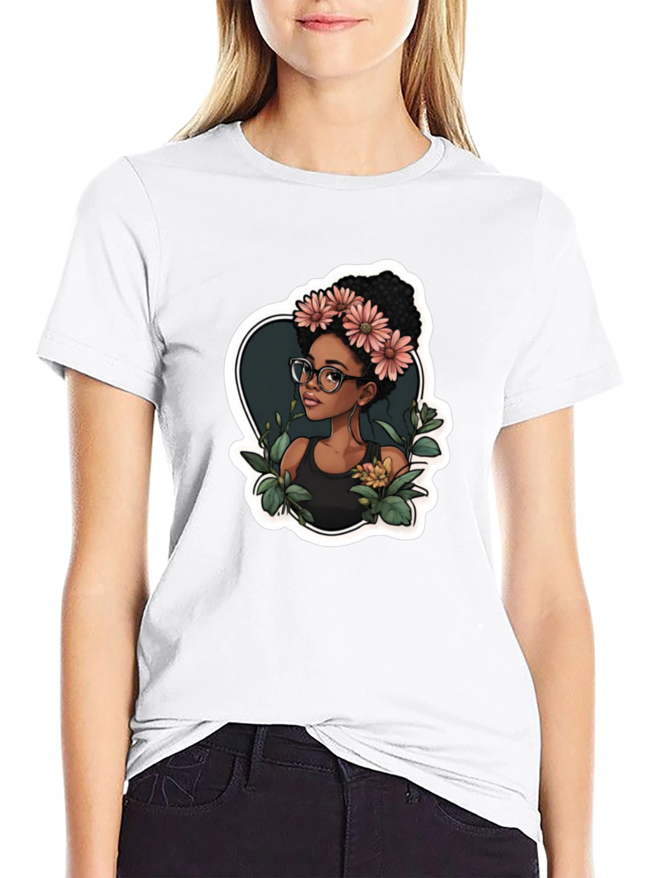 Stylish Black T-Shirt - Woman with Flowers Design