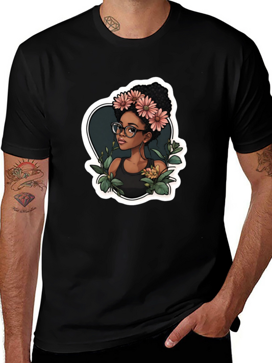 Stylish Black T-Shirt - Woman with Flowers Design