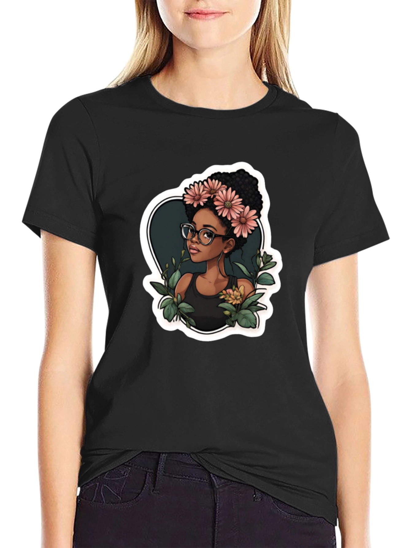 Stylish Black T-Shirt - Woman with Flowers Design