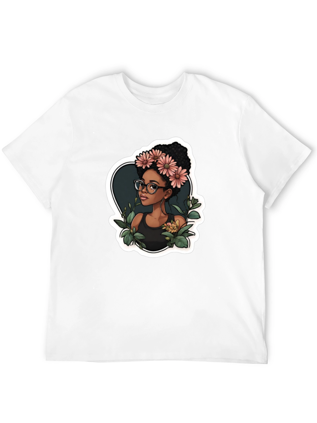 Stylish Black T-Shirt - Woman with Flowers Design