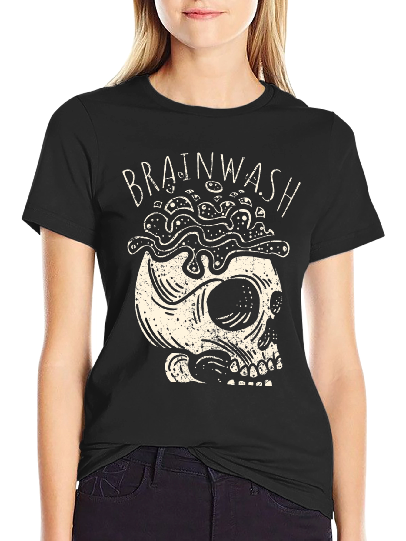Brainwash Skull Graphic Tee - Black Cotton T-Shirt