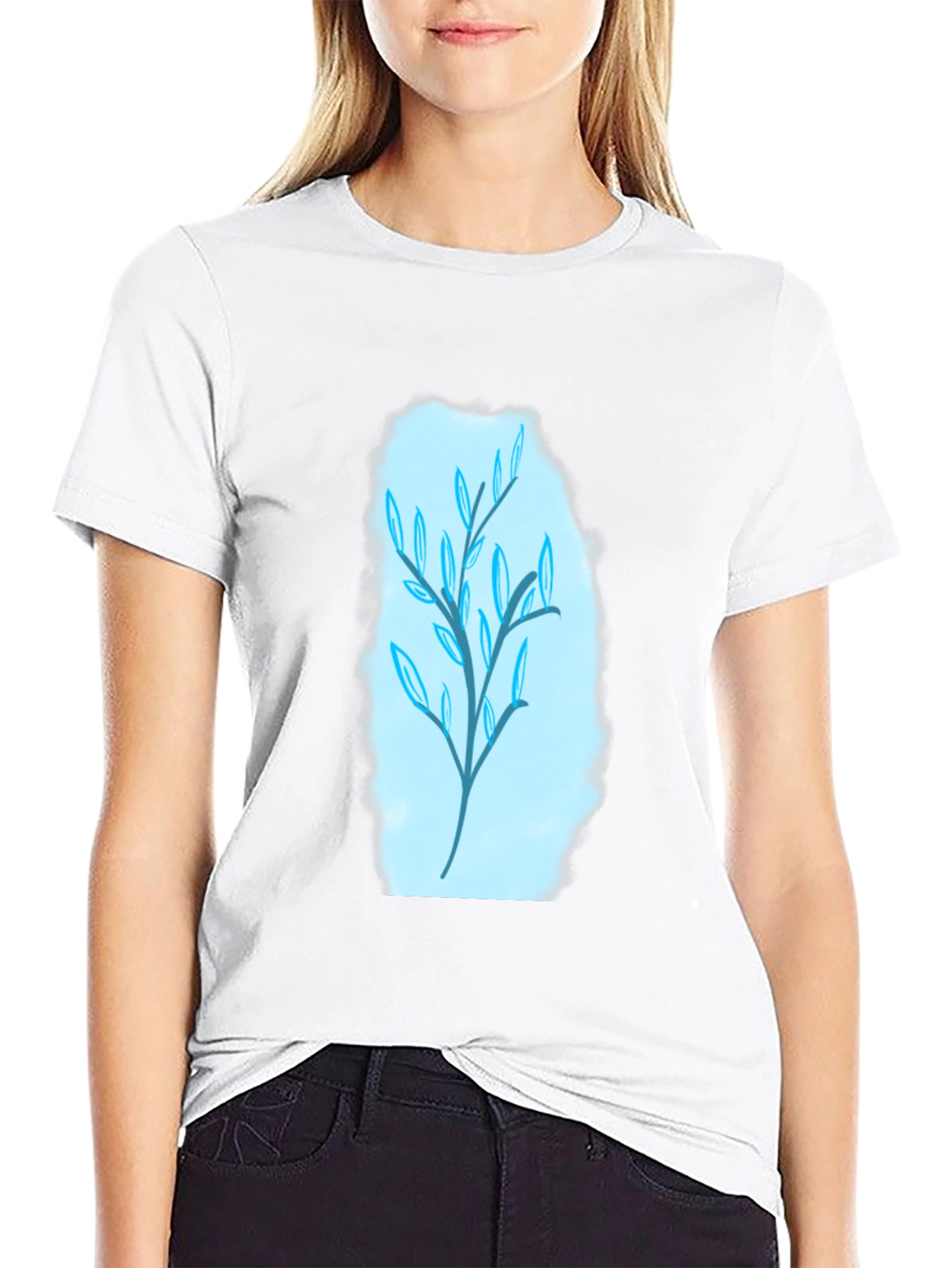 Stylish Black T-Shirt with Blue Leaf Design