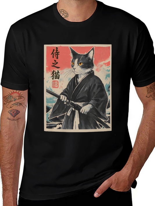 Samurai Cat Graphic Tee - Japanese Art Shirt