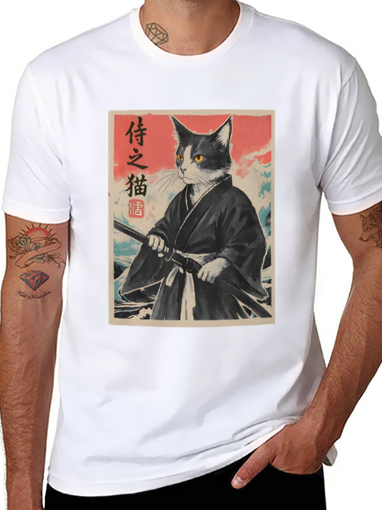 Samurai Cat Graphic Tee - Japanese Art Shirt