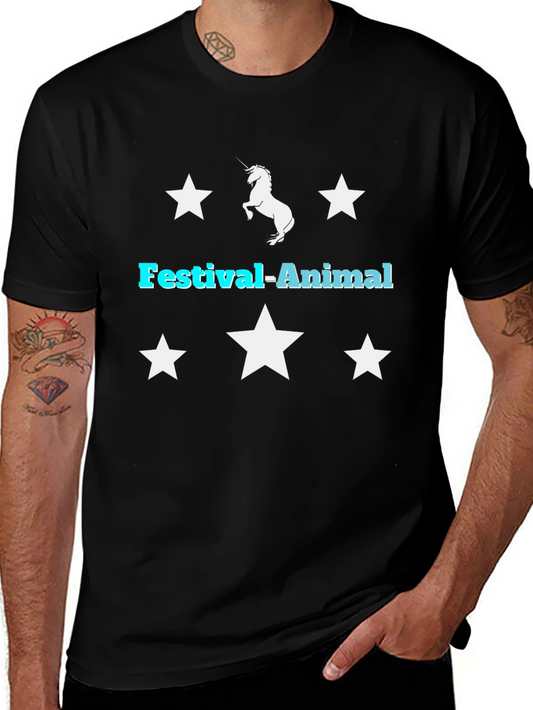 Festival-Animal Unicorn Star Graphic Black T-Shirt