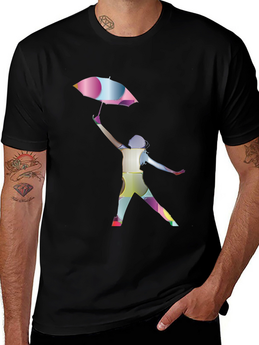 Stylish Black T-Shirt with Colorful Umbrella Design
