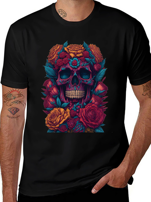 Floral Skull Graphic Tee - Unique Art Shirt