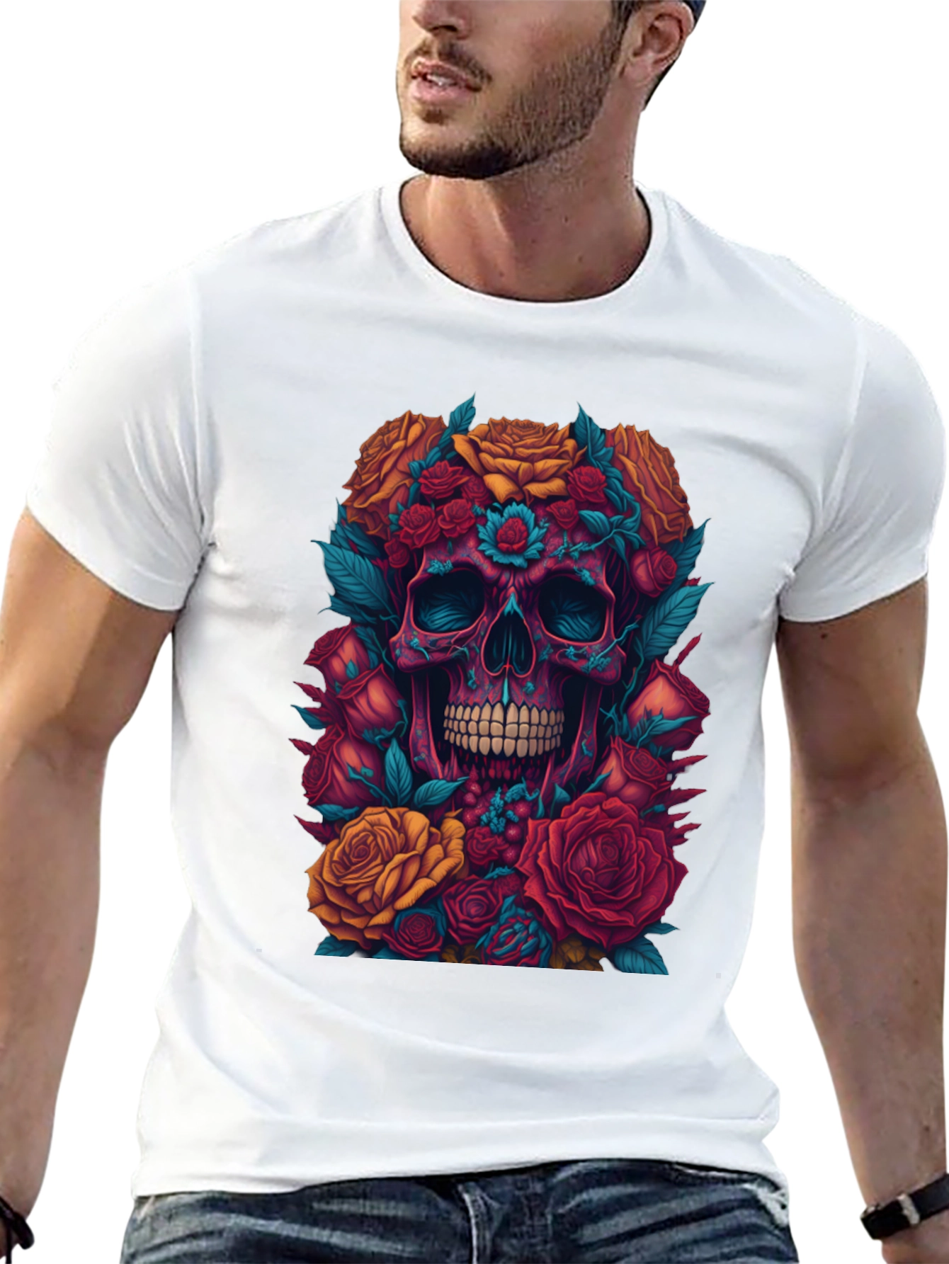 Floral Skull Graphic Tee - Unique Art Shirt