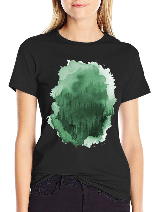 Nature Forest Bike Watercolor Print Black T-Shirt