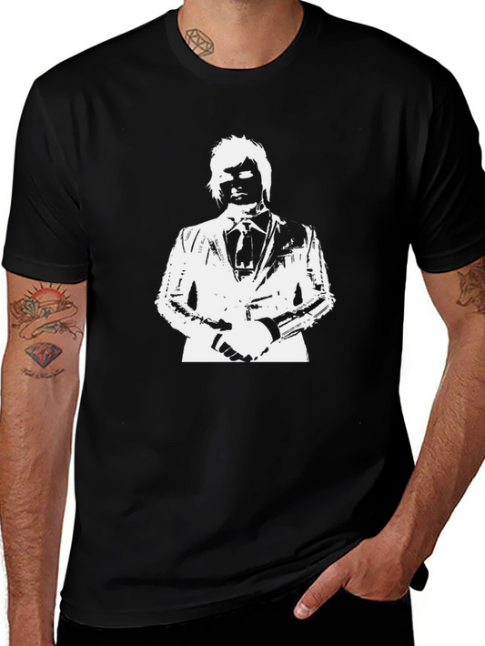 Mens Black T-Shirt with White Suit Graphic
