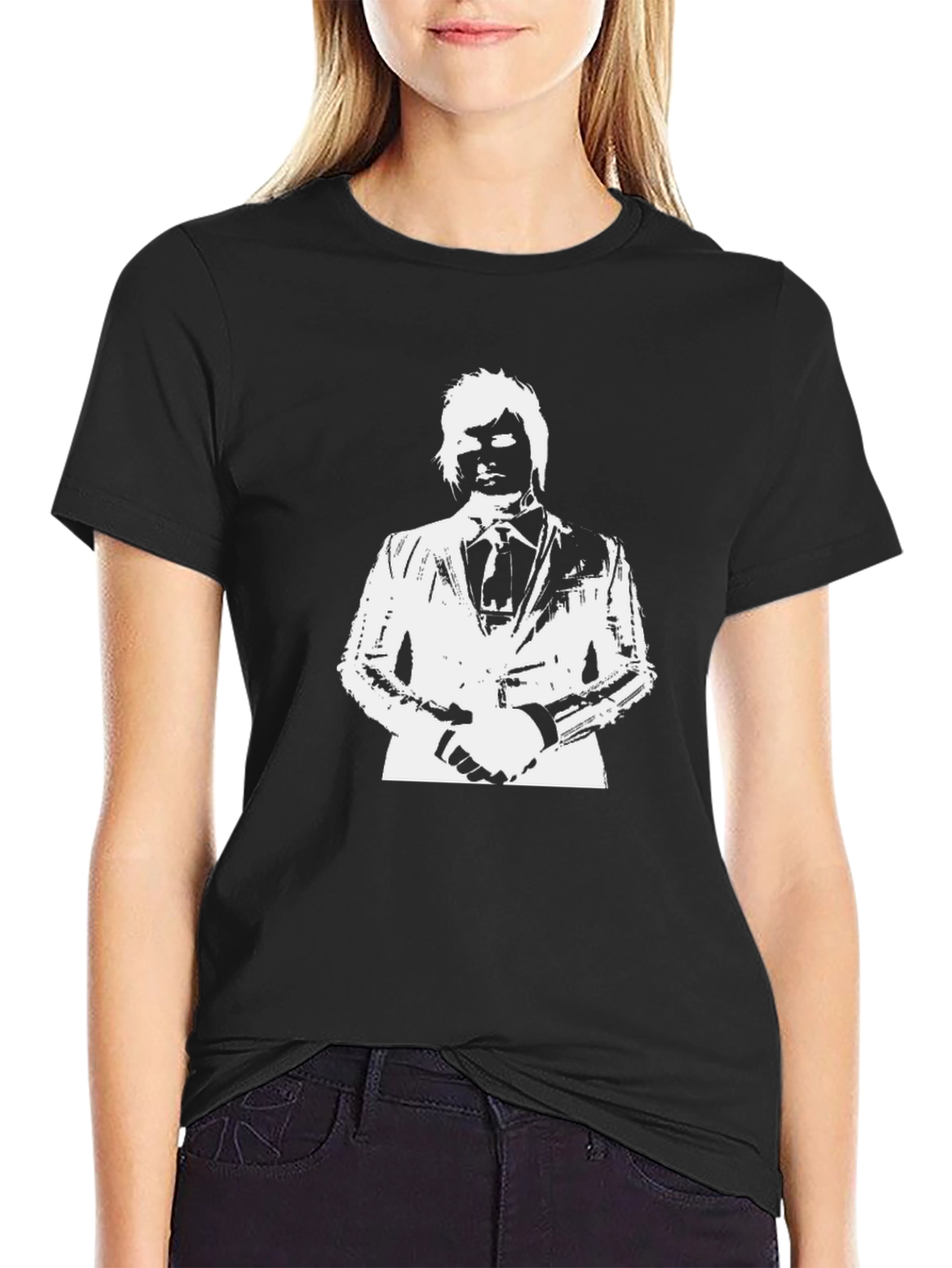 Mens Black T-Shirt with White Suit Graphic