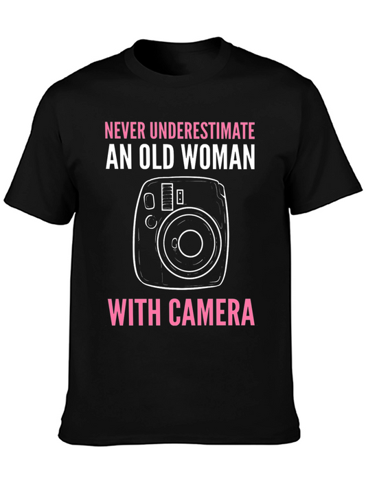 Old Woman with Camera Graphic Tee - Novelty T-Shirt