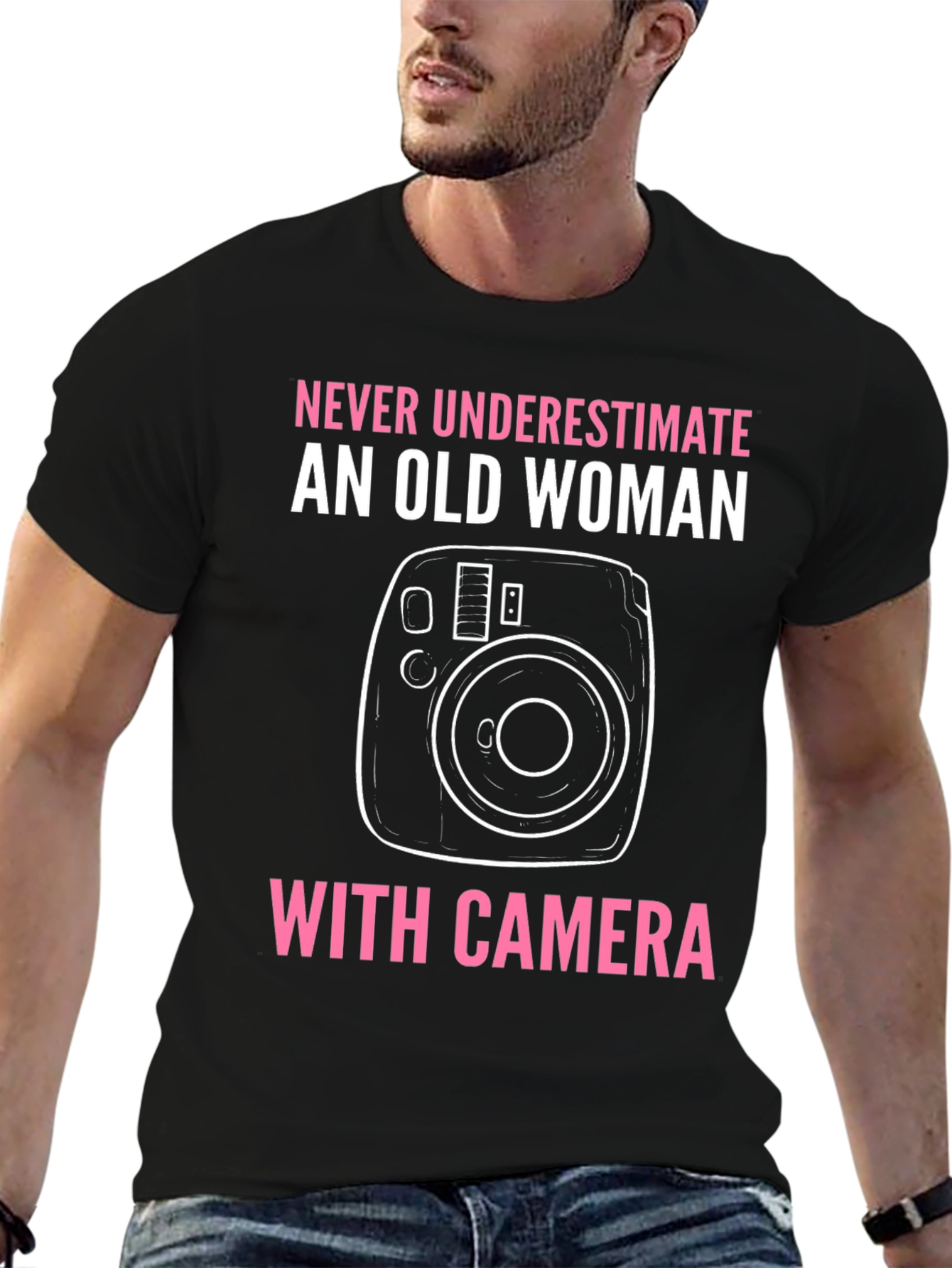 Old Woman with Camera Graphic Tee - Novelty T-Shirt