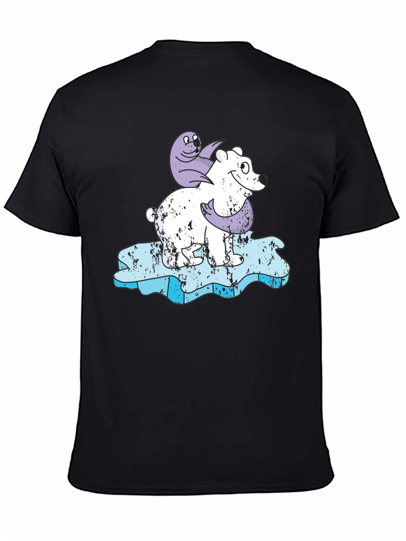 Polar Bear and Seal Cartoon Black T-Shirt