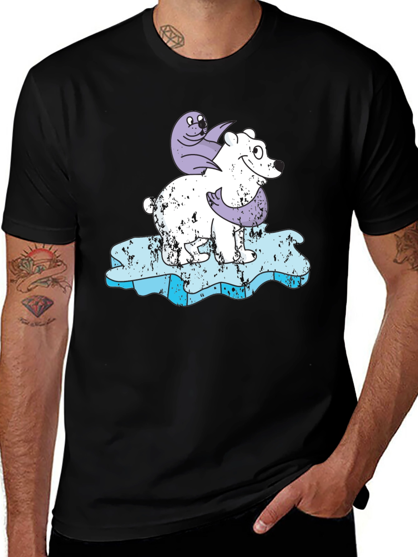 Polar Bear and Seal Cartoon Black T-Shirt