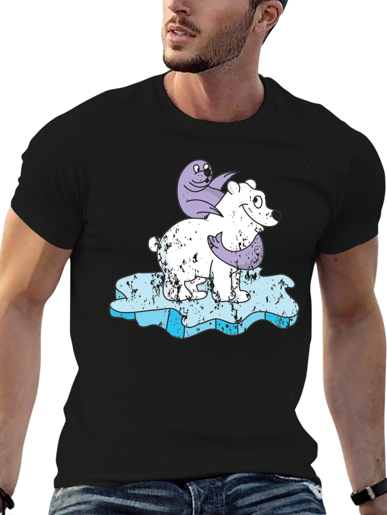 Polar Bear and Seal Cartoon Black T-Shirt