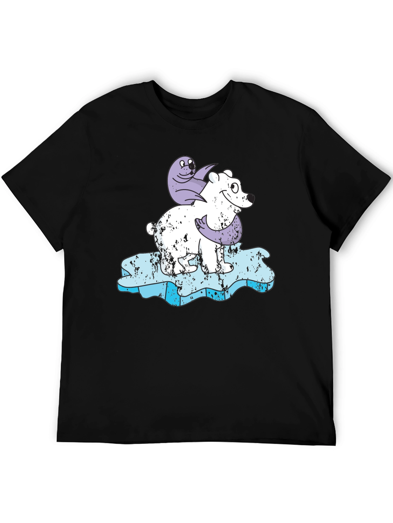 Polar Bear and Seal Cartoon Black T-Shirt