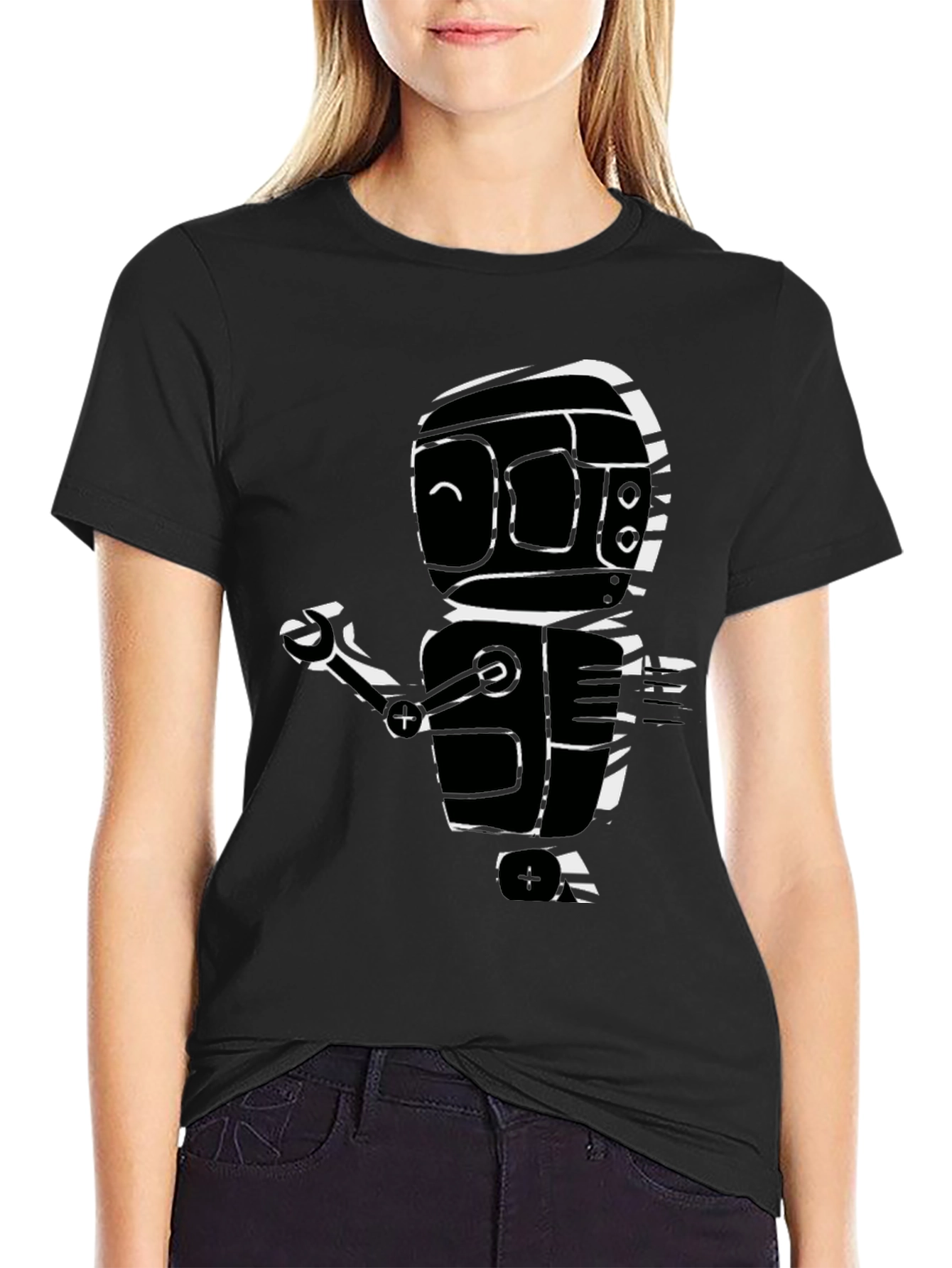 Robot Graphic Print Black T-Shirt