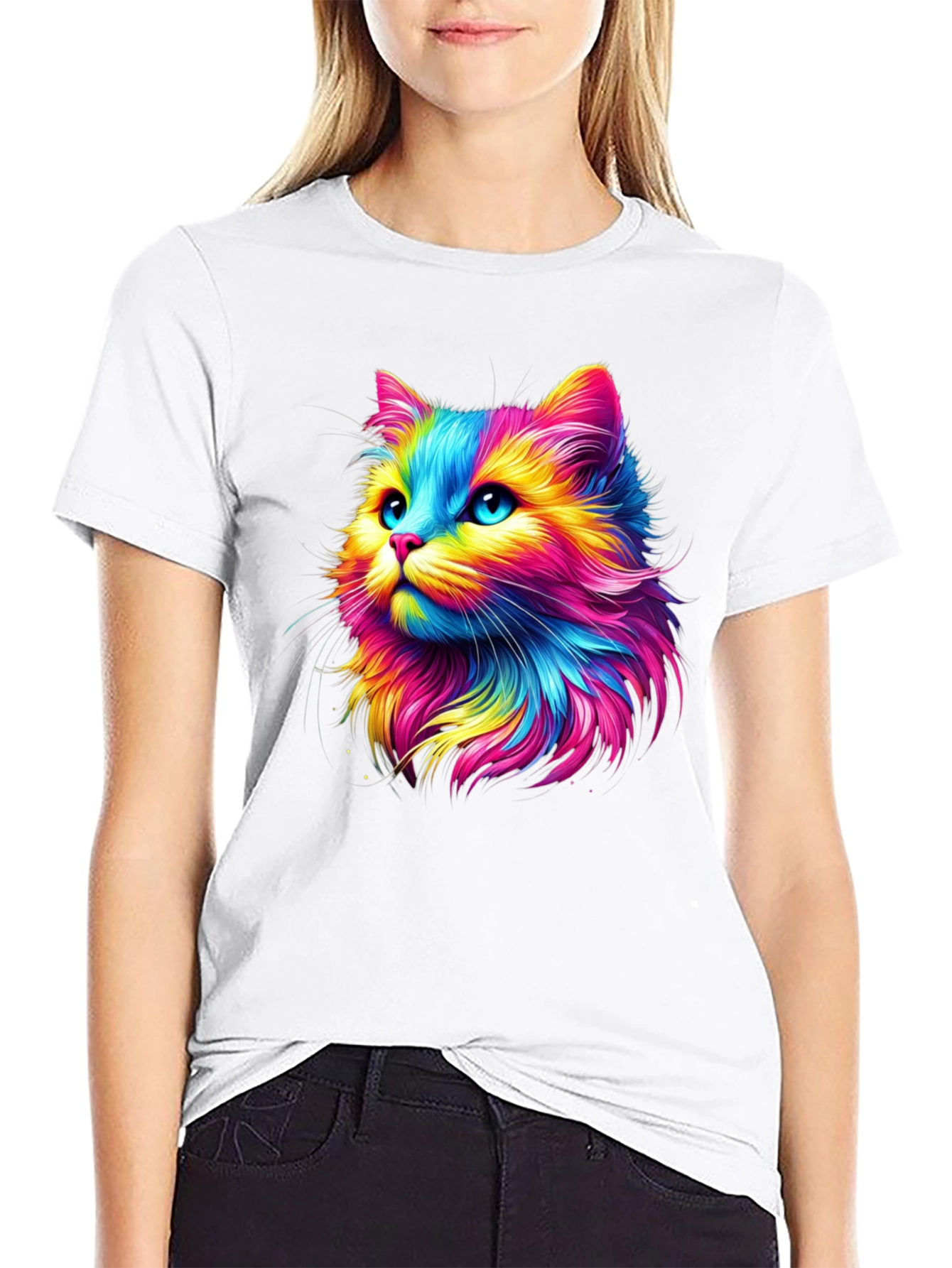 Rainbow Cat Graphic Tee - Soft Black Cotton T-Shirt