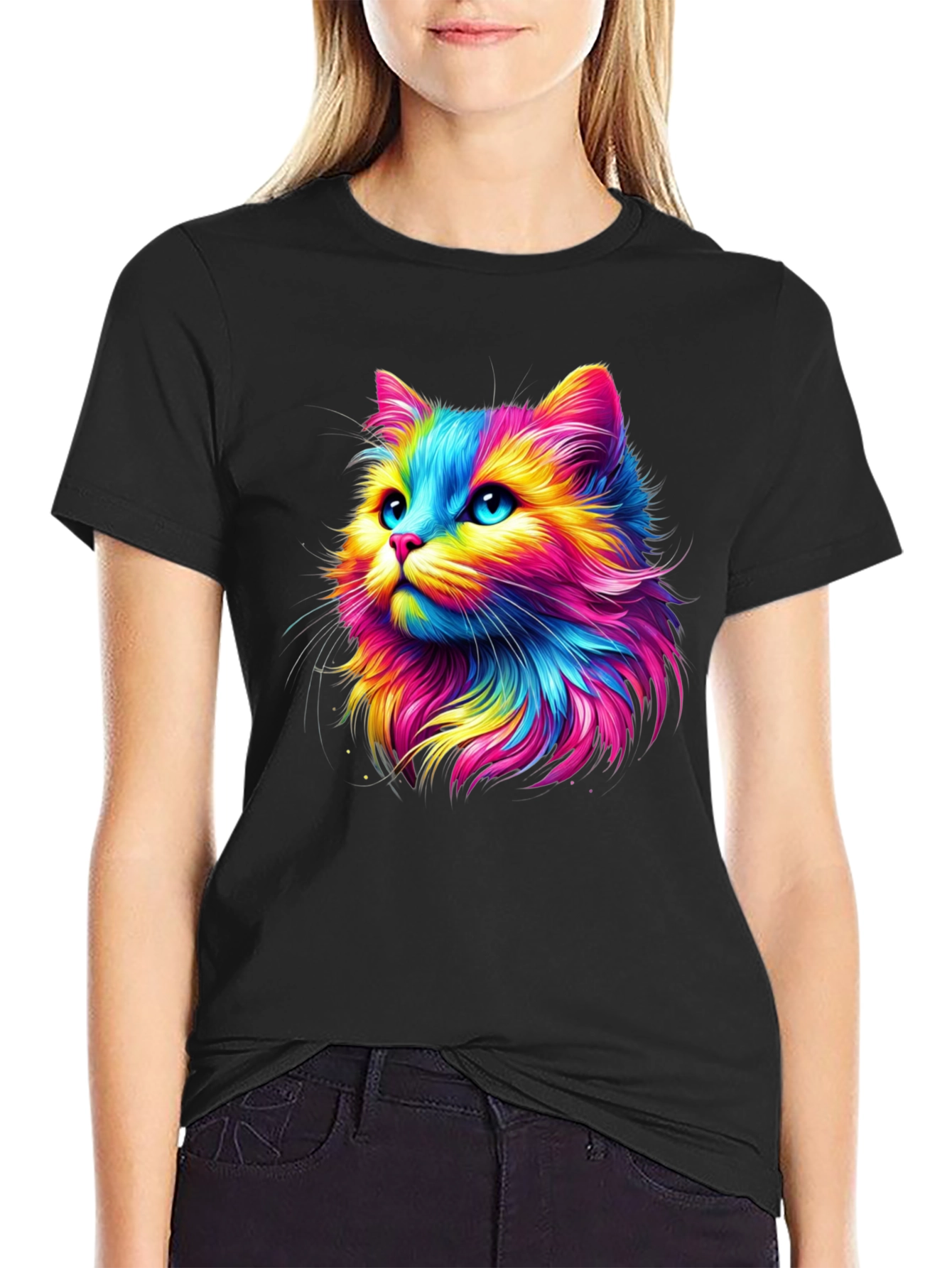 Rainbow Cat Graphic Tee - Soft Black Cotton T-Shirt