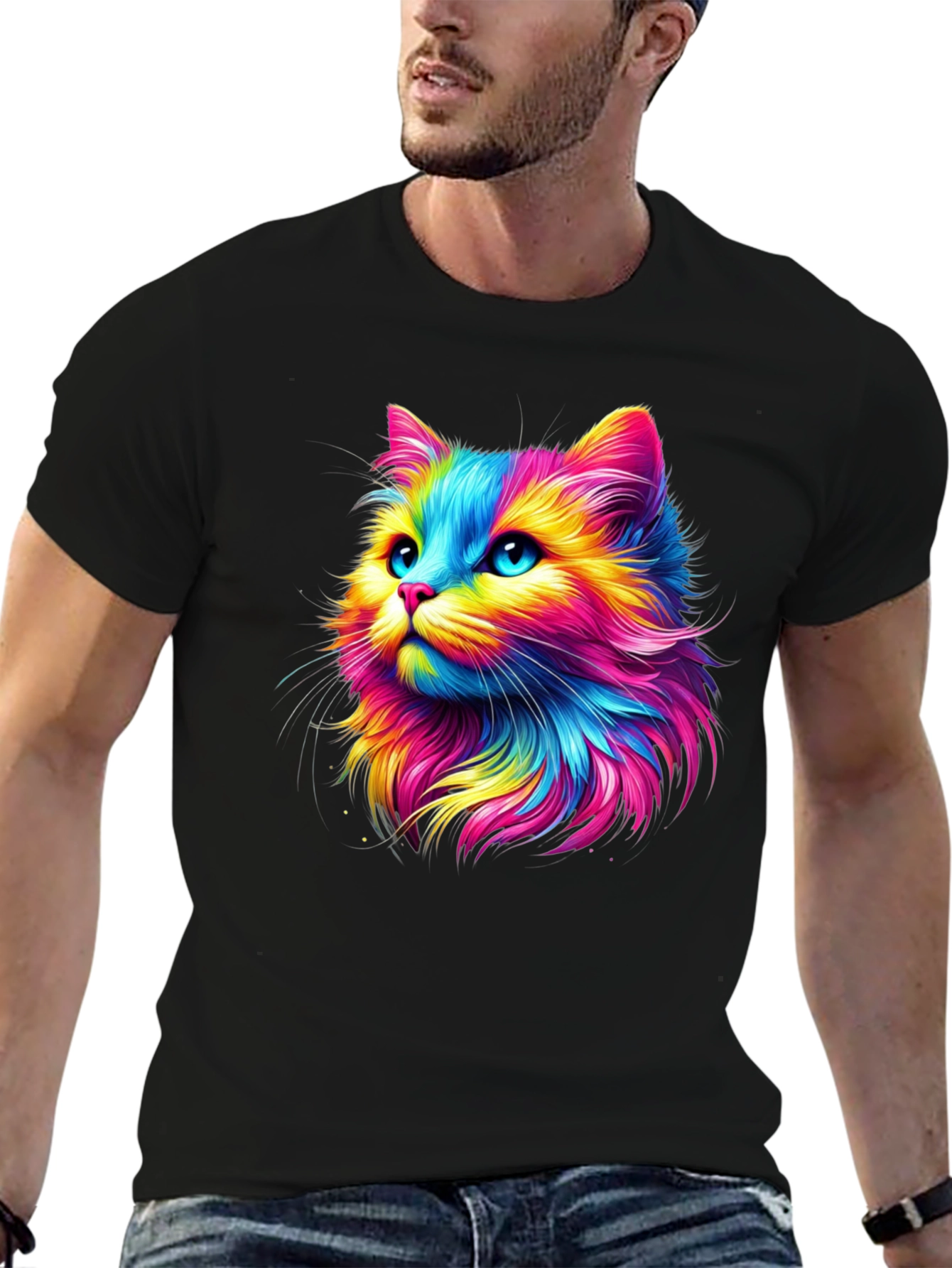 Rainbow Cat Graphic Tee - Soft Black Cotton T-Shirt