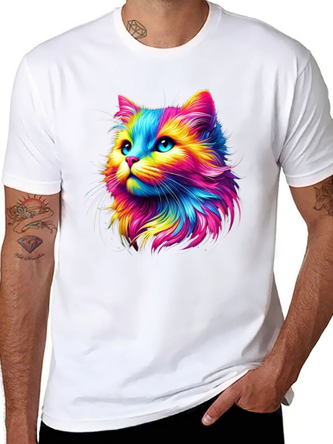 Rainbow Cat Graphic Tee - Soft Black Cotton T-Shirt