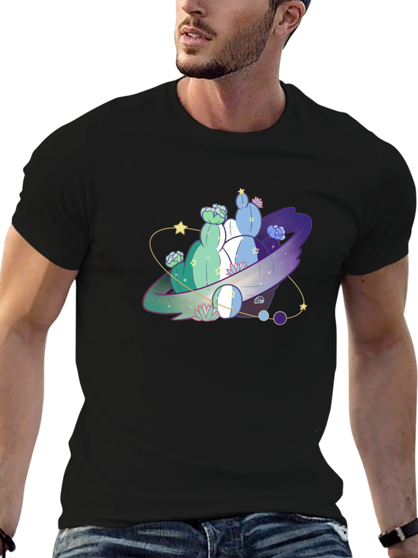 Cactus Planet Graphic Tee - Black Cotton Blend