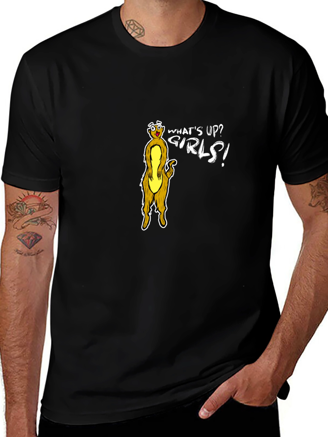 Funny Meerkat Whats Up Girls! Black T-Shirt
