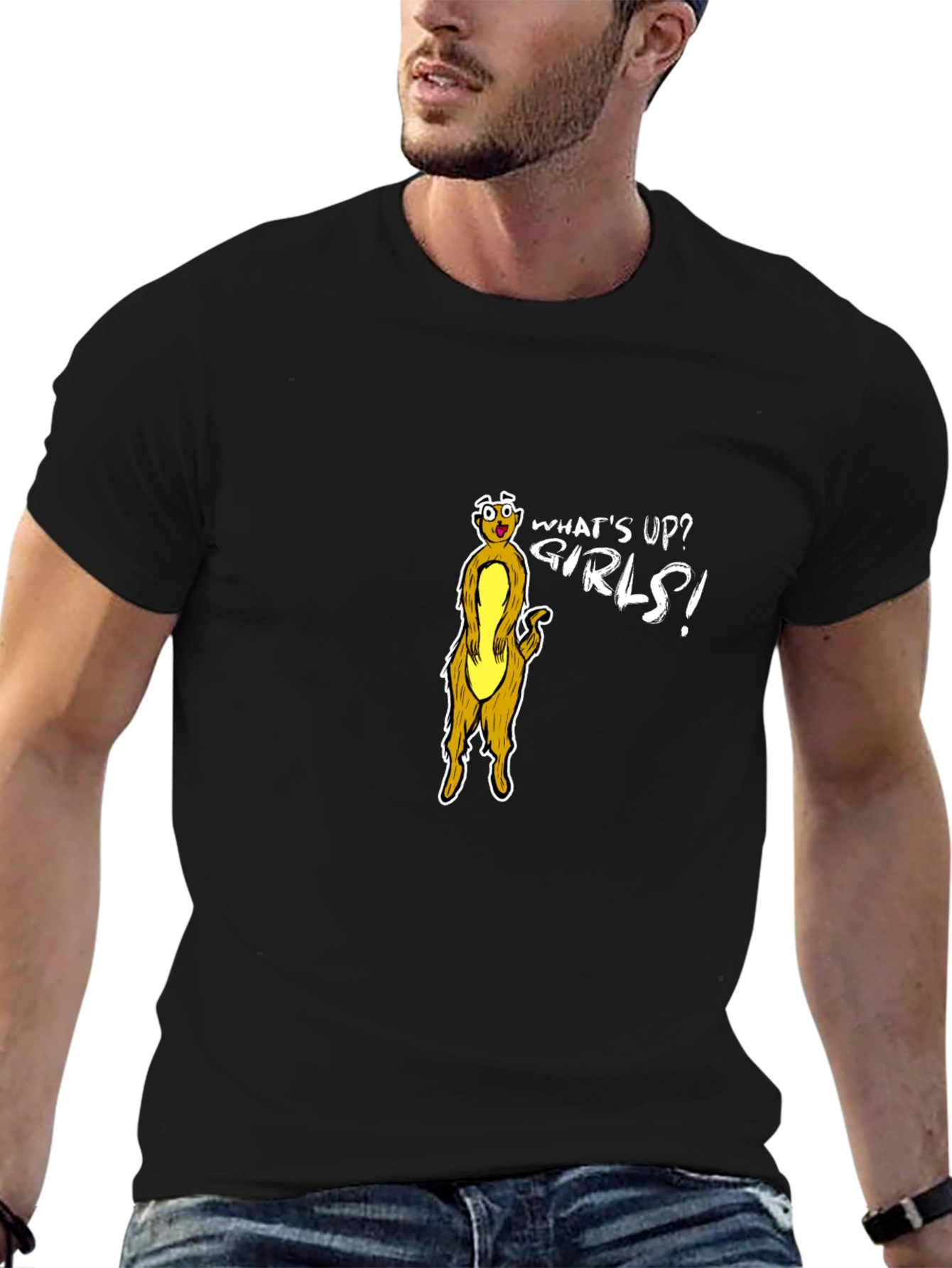 Funny Meerkat Whats Up Girls! Black T-Shirt