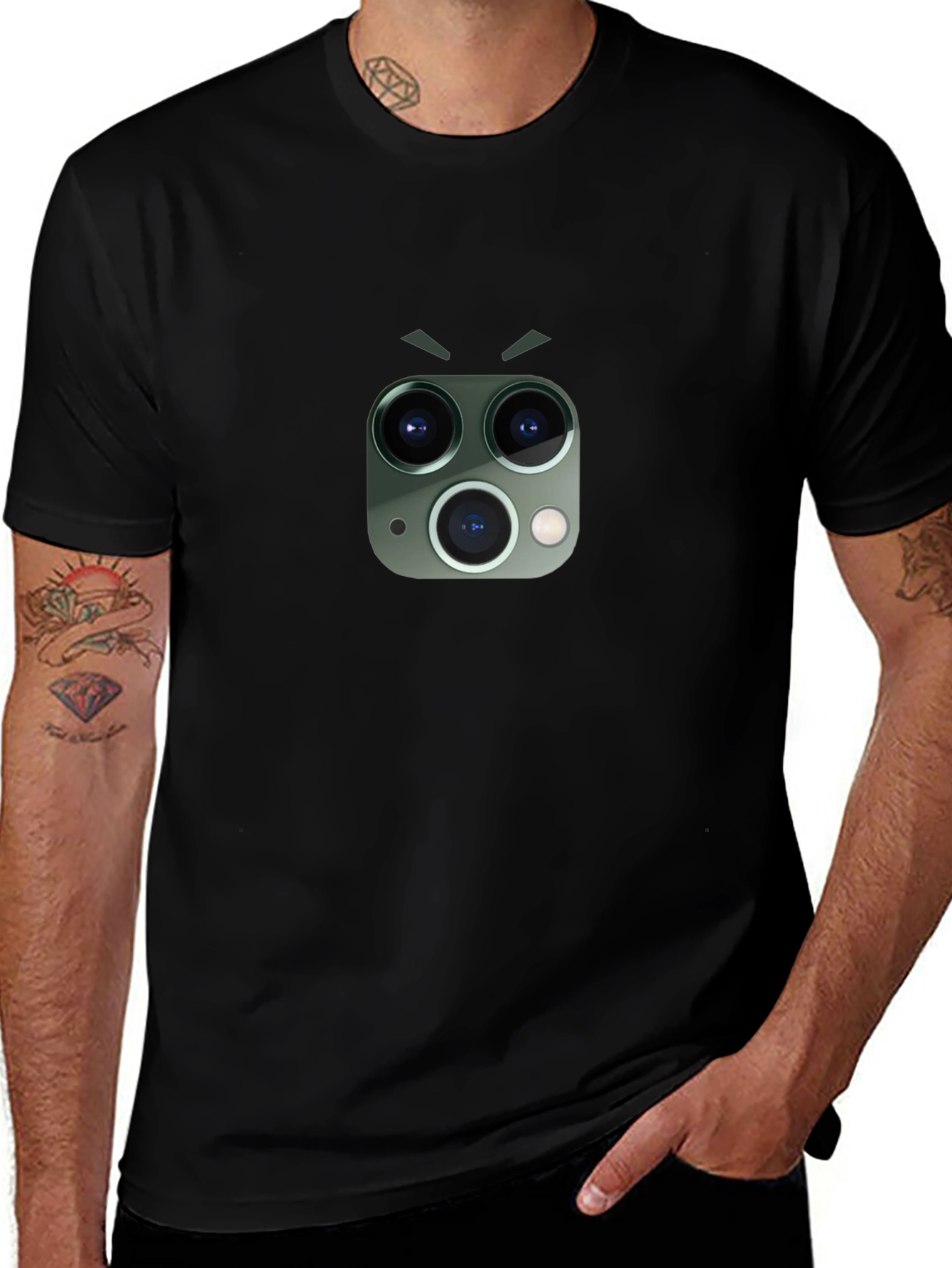 Funny Camera Lens Face Graphic Tee - Black