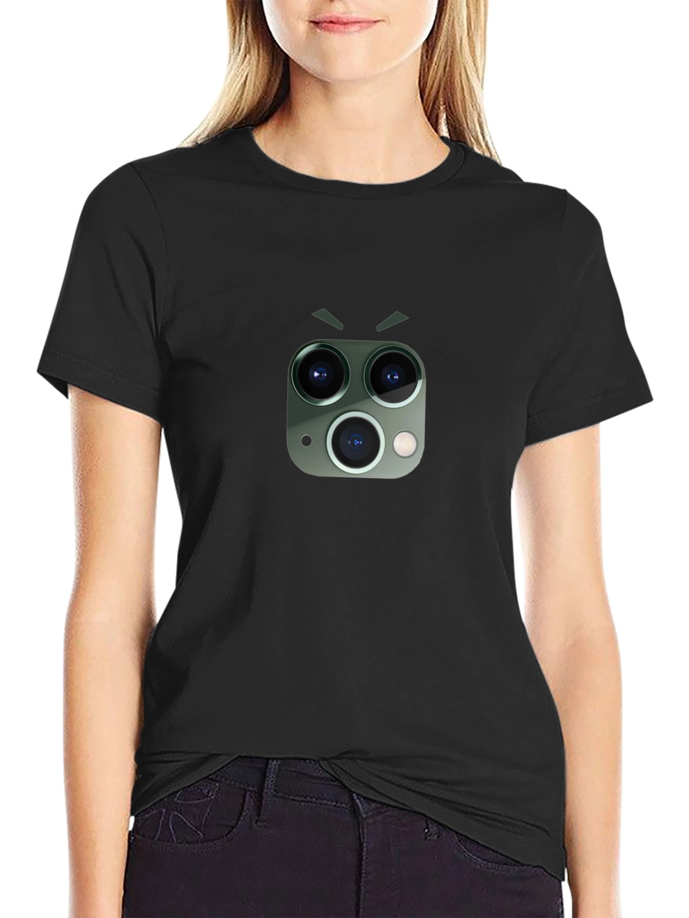 Funny Camera Lens Face Graphic Tee - Black