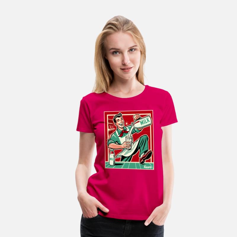 Retro man pouring milk with big smile