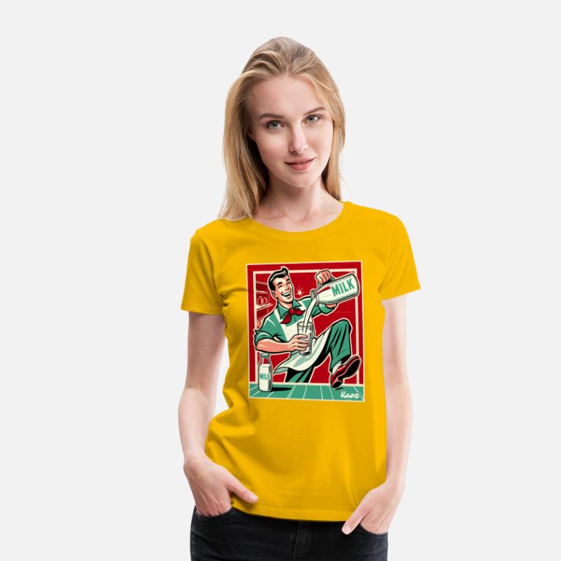 Retro man pouring milk with big smile