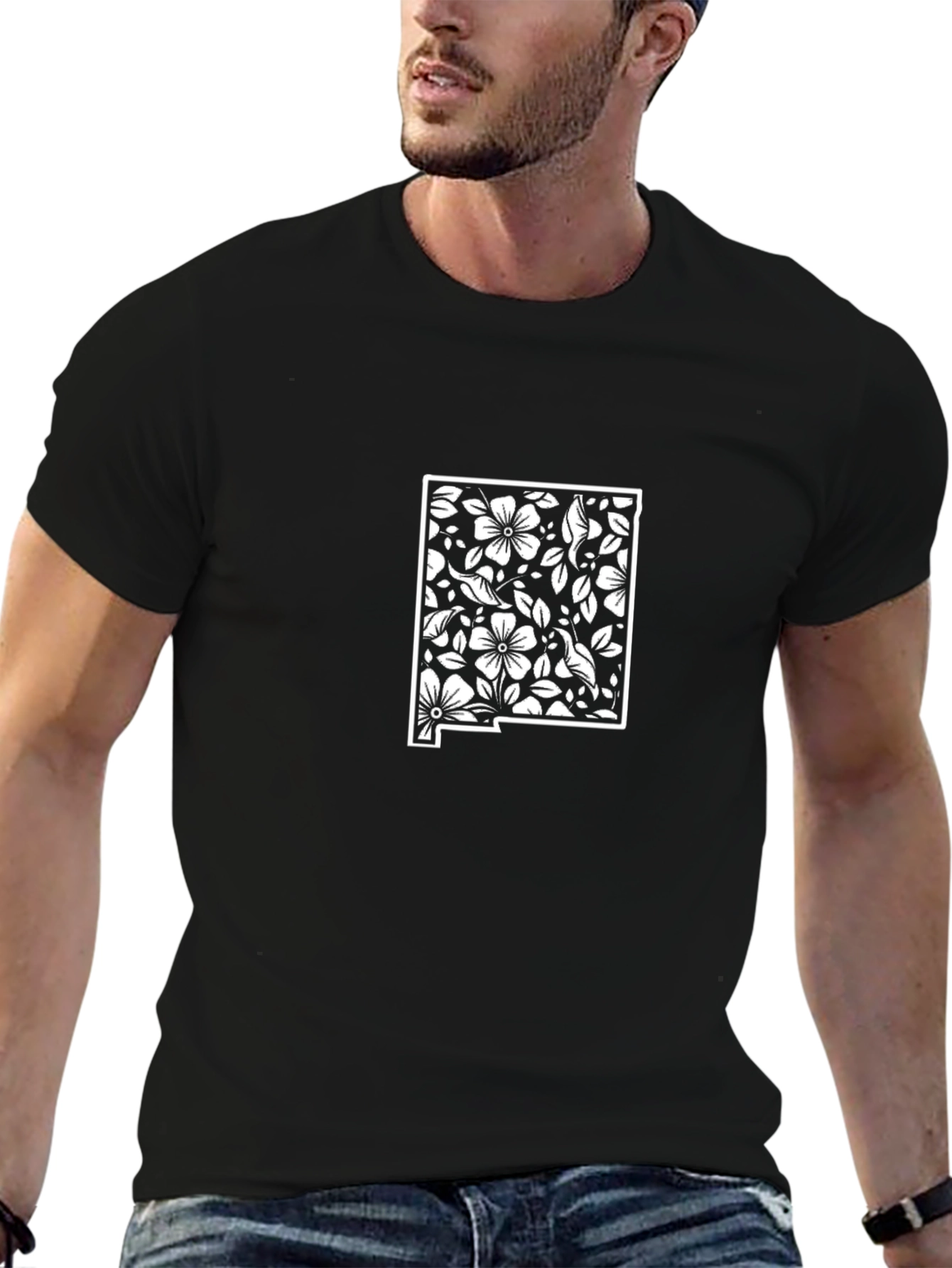Floral New Mexico State Outline Black Tee