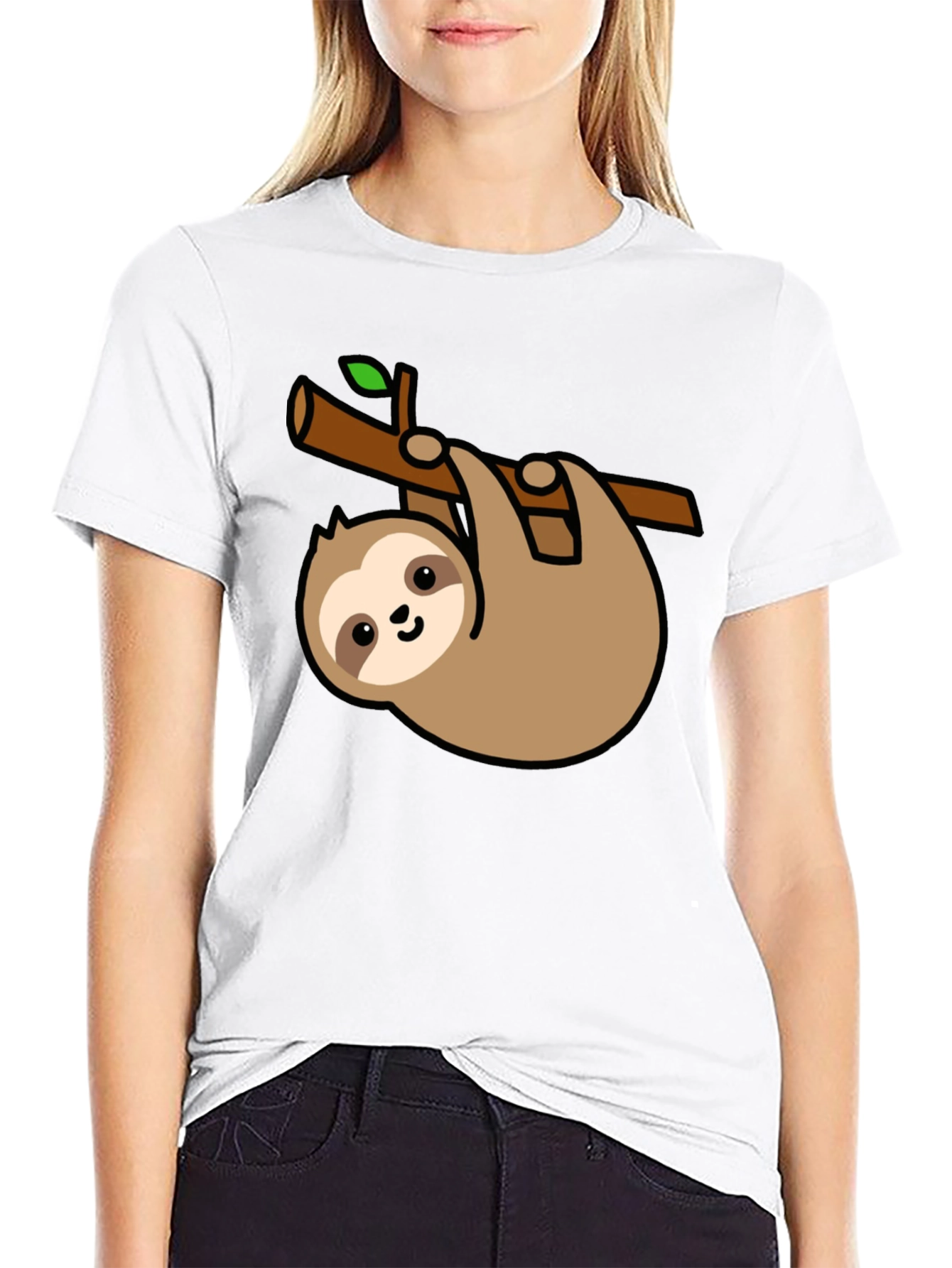 Cute Sloth Hanging on Branch Black T-Shirt