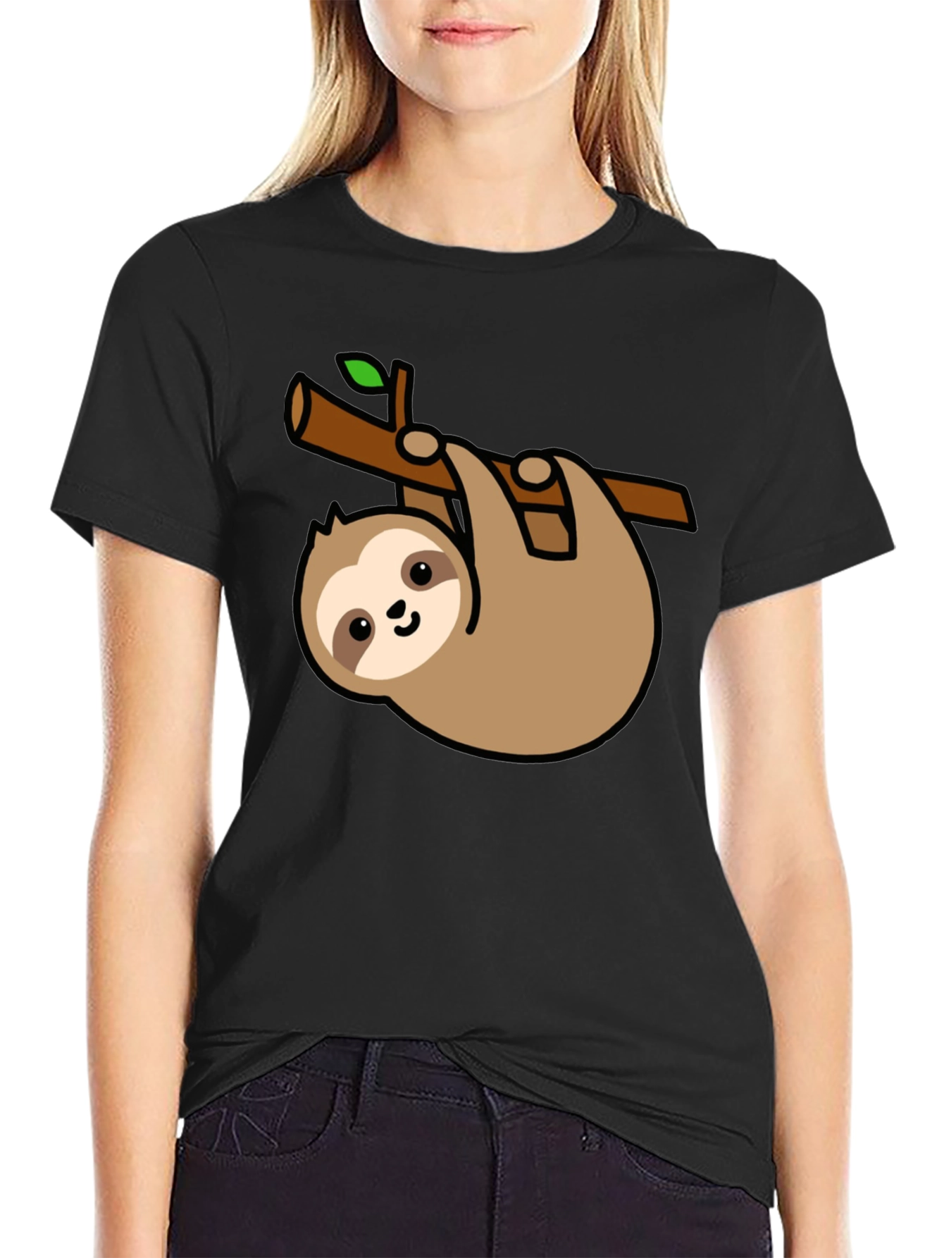 Cute Sloth Hanging on Branch Black T-Shirt