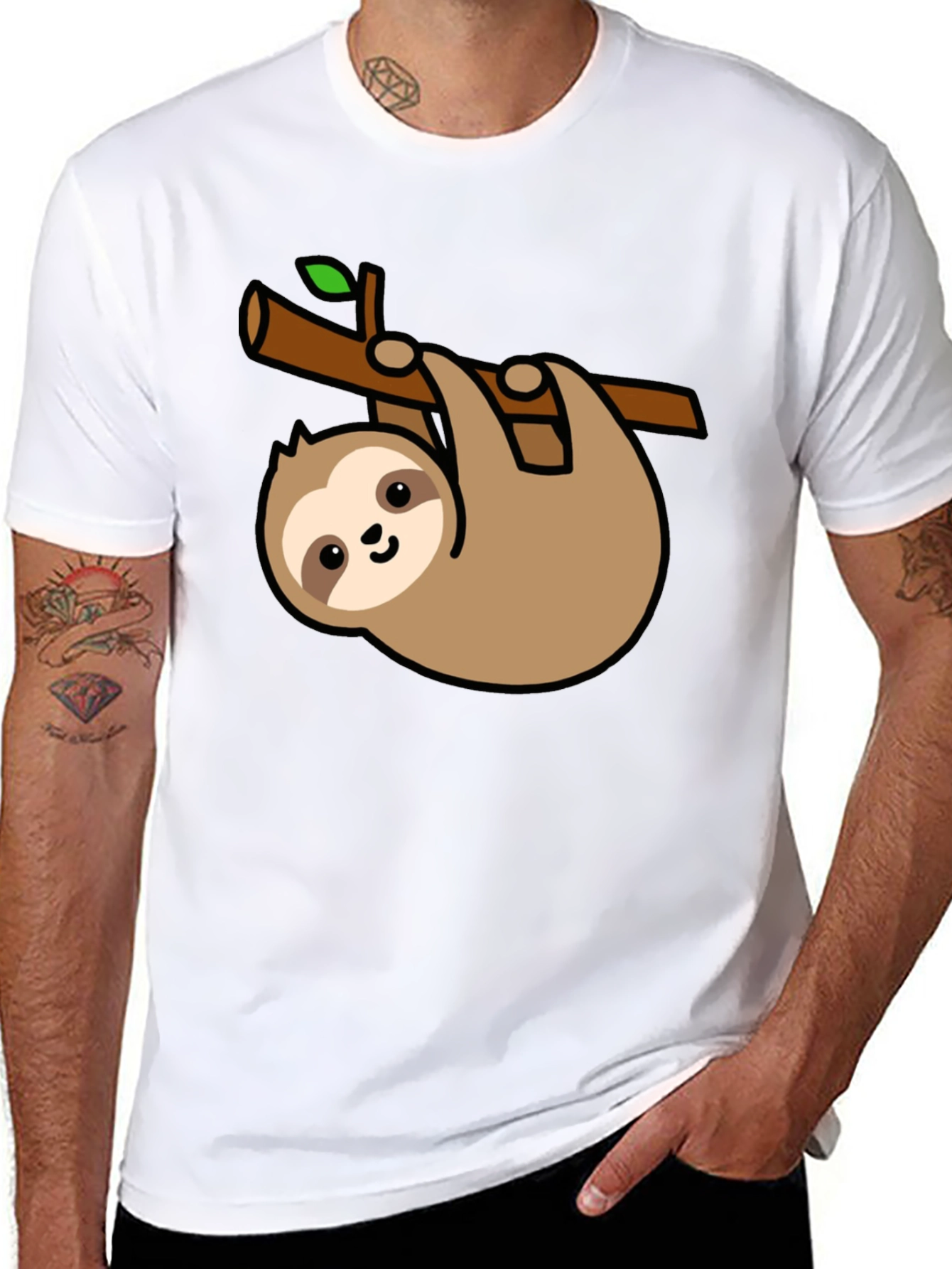 Cute Sloth Hanging on Branch Black T-Shirt
