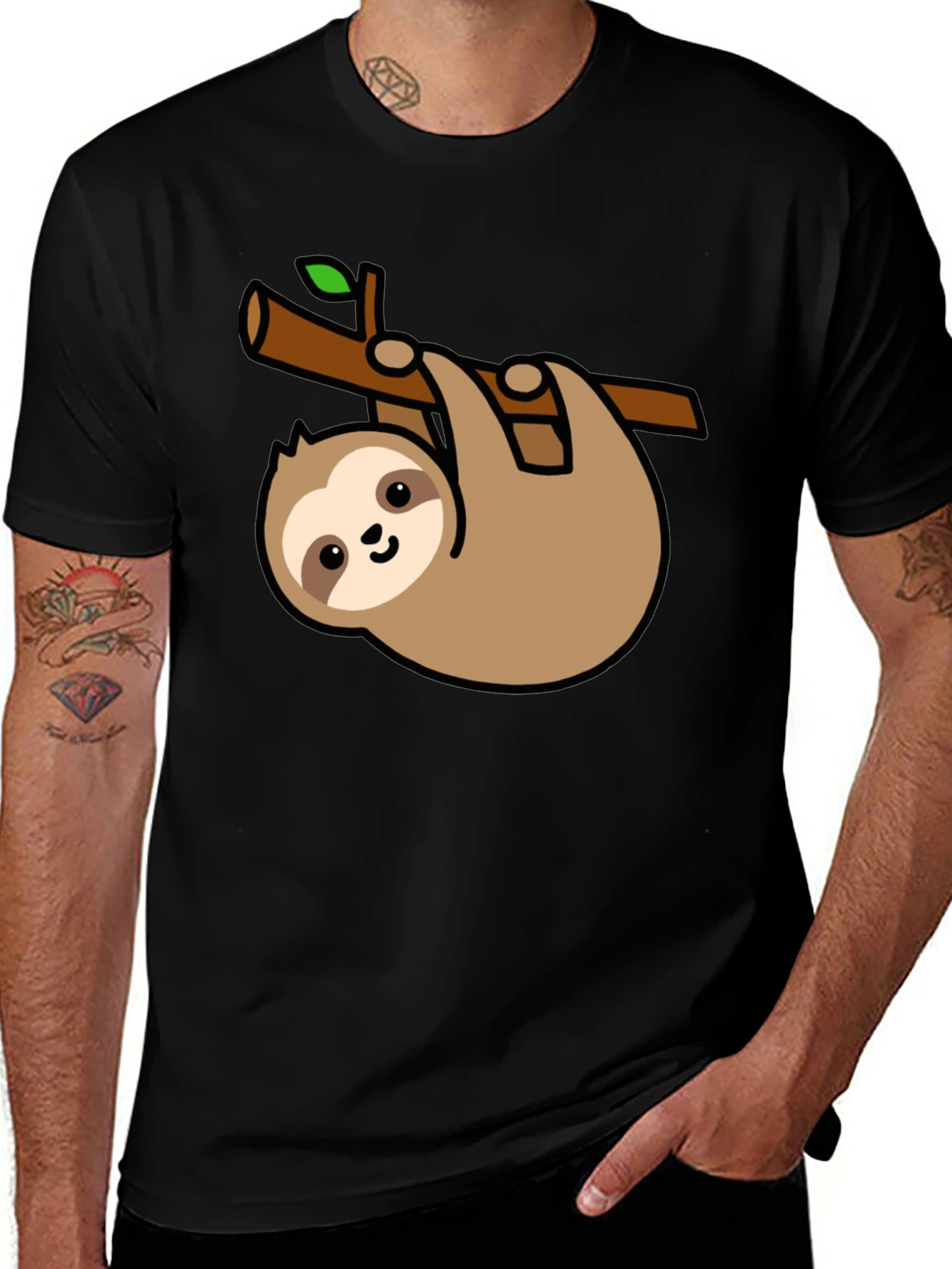 Cute Sloth Hanging on Branch Black T-Shirt
