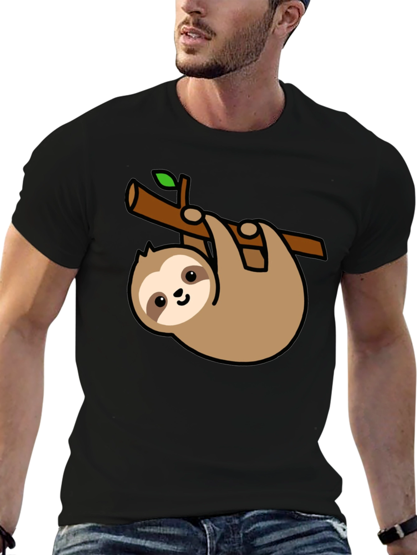 Cute Sloth Hanging on Branch Black T-Shirt