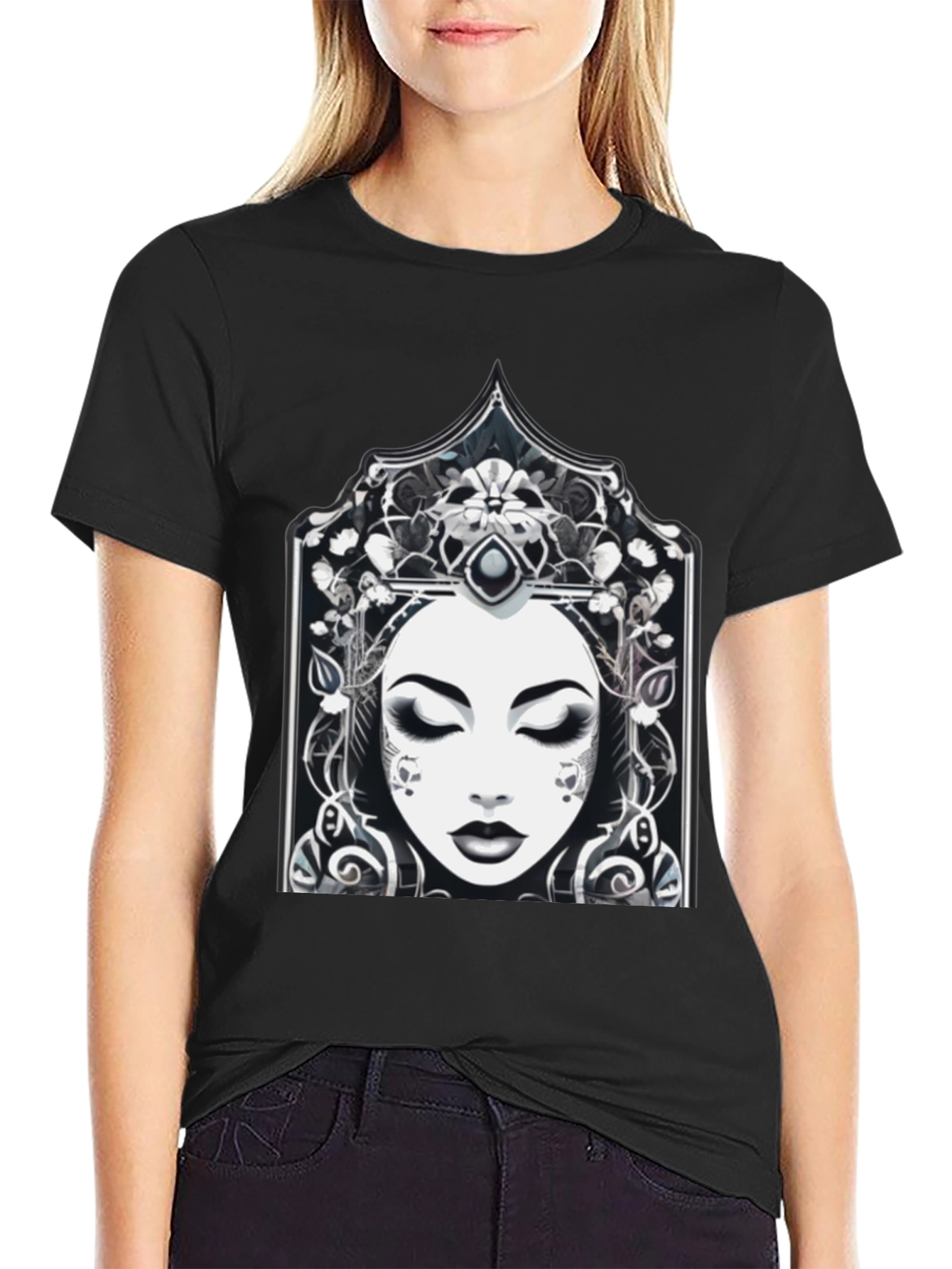 Ornate Woman Graphic Tee - Stylish Black T-Shirt