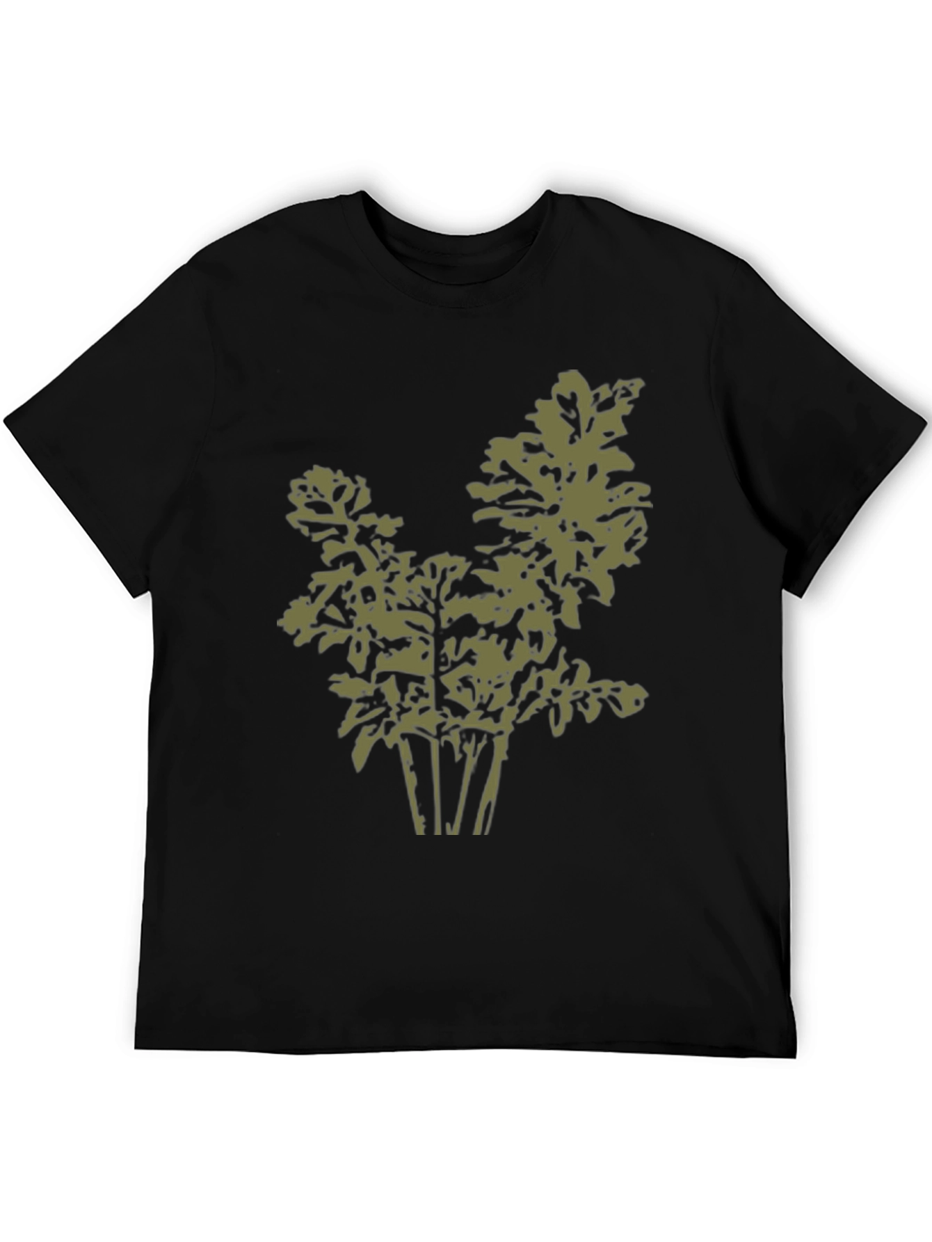 Olive Green Leaf Print Black T-Shirt