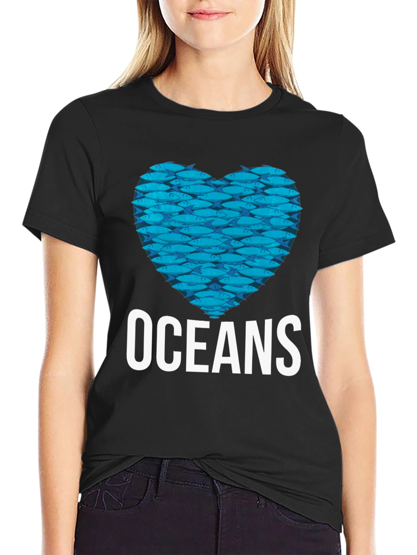 Oceans Heart Fish Graphic Black T-Shirt