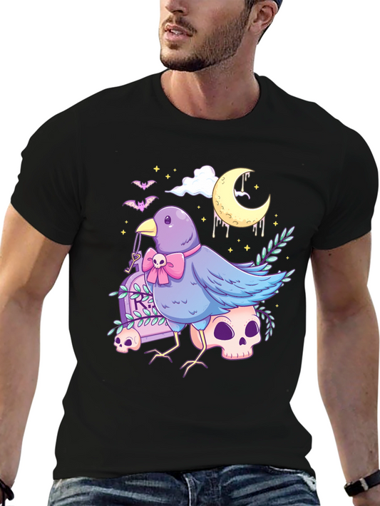 Gothic Bird Graphic Tee - Skull & Moon Design