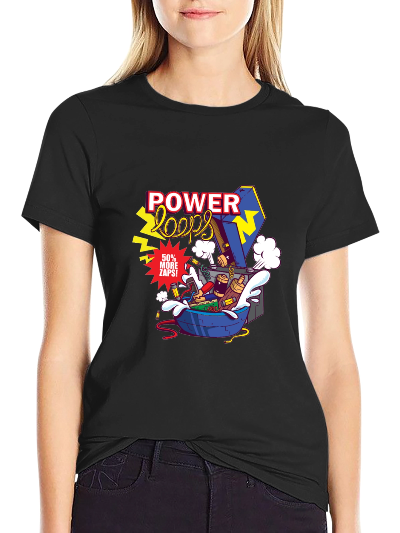 Power Loops Black Graphic Tee - Electric Cartoon Design