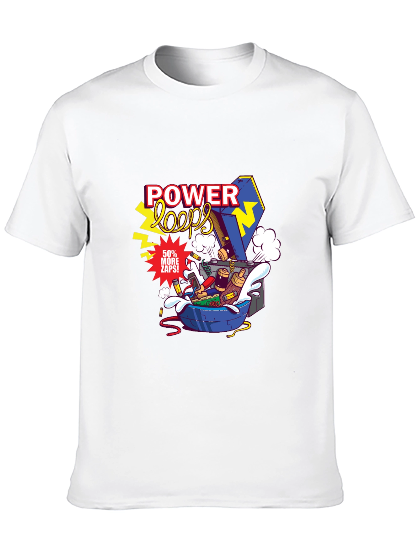 Power Loops Black Graphic Tee - Electric Cartoon Design